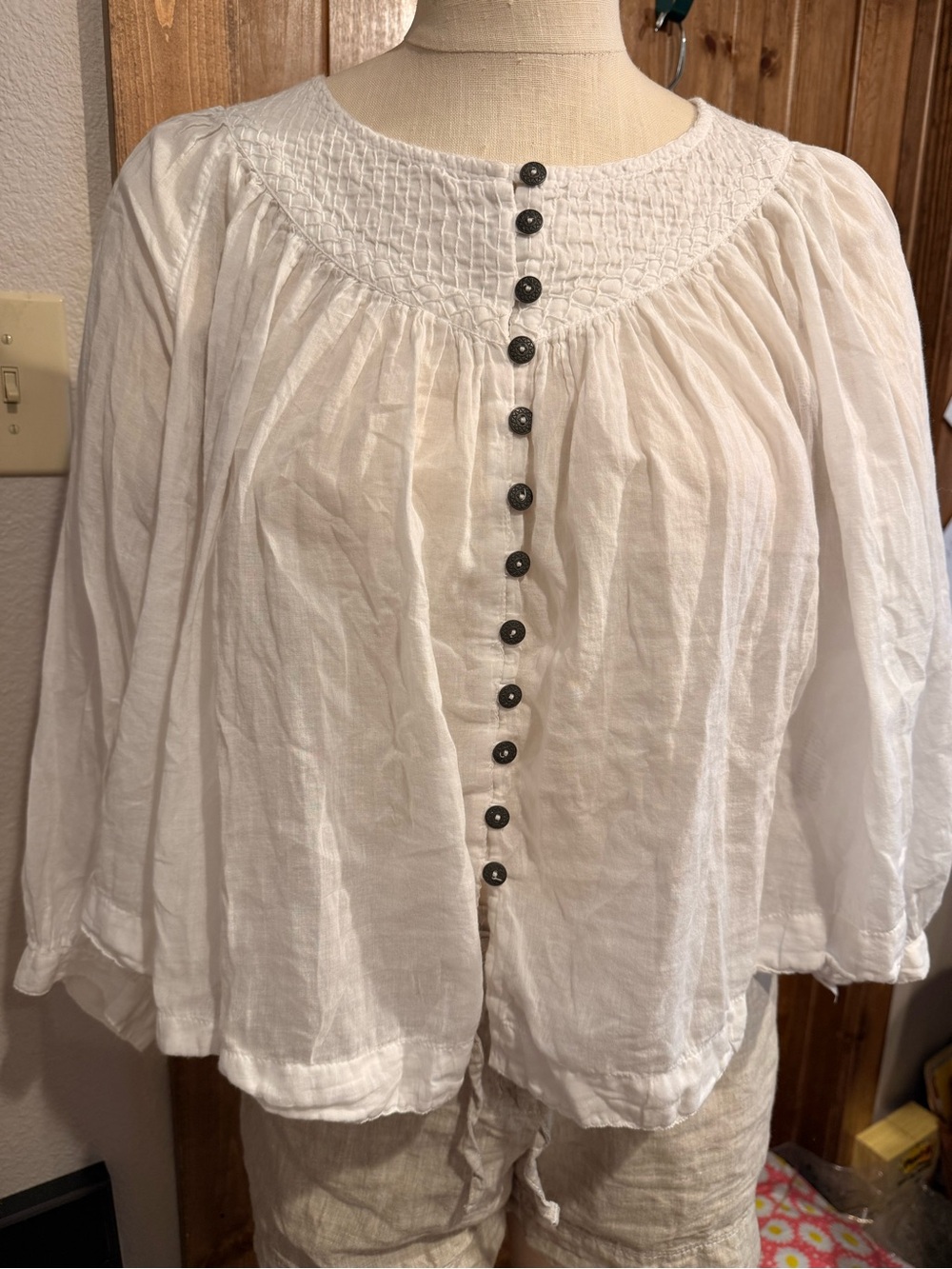 We The Free White Button-Front Peasant Blouse with Smocked Yoke